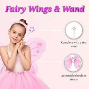 NWT Sparkling Pink Fairy Wings Star Wand Girls Halloween Costume